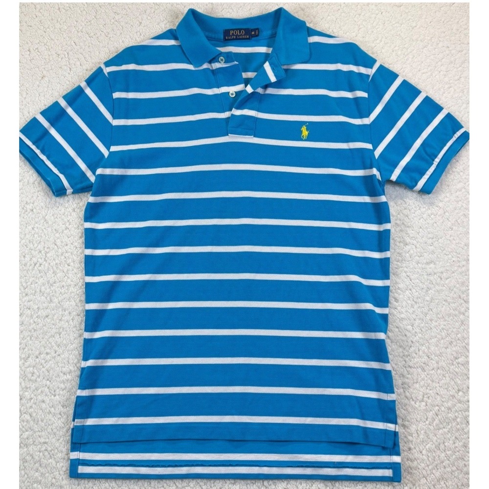 Polo Ralph Lauren Mens Medium Blue White Striped Short Sleeve Polo‎